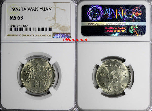 China, Republic Of TAIWAN Copper-Nickel-Zinc 1976 1 Yuan NGC MS63 25mm Y# 536