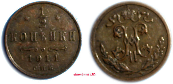 Russia Nicholas II Copper 1911 СПБ  1/2 KOPECK  Y#48.1
