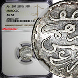 Morocco  Moulay al-Hasan I Silver AH1309 (1892) 1/2 Dirham NGC AU58 Paris Y# 4
