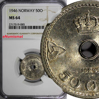 NORWAY Haakon VII Copper-Nickel 1946 50 Ore NGC MS64 1 GRADED HIGHEST  KM# 386