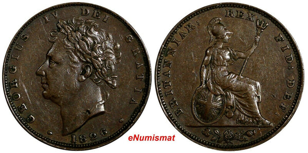 Great Britain George IV Copper 1826 Farthing 1st Date for Type KM# 697