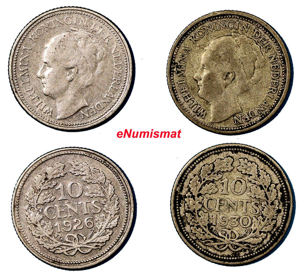Netherlands Wilhelmina I  Silver  LOT OF 2 COINS 1926,1930 10 Cents  KM# 163