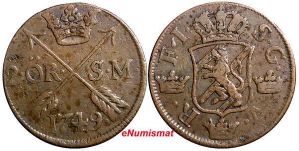 SWEDEN COPPER Frederick I 1749 2 Ore,S.M Mintage:313,000 Avesta Mint. KM437#2517