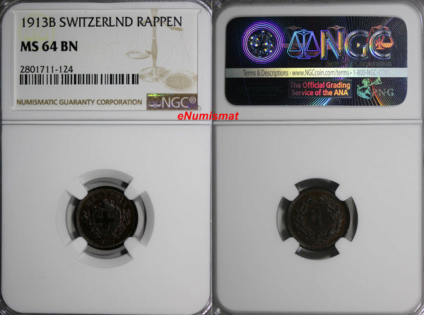 Switzerland Bronze 1913 B 1 Rappen NGC MS64 BN  HELVETIA KM# 3.2