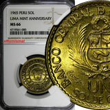 PERU Brass 1965 1 Sol NGC MS66 400th Anniversary of the Lima Mint KM# 240 (080)