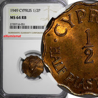 Cyprus BRITISH COLONY 1949 1/2 Piastre NGC MS64 RB 1 YEAR TYPE Scalloped KM# 29