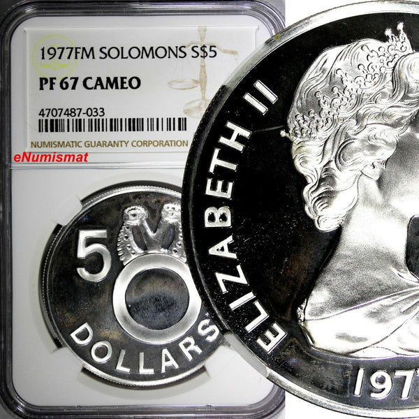 Solomon Islands Silver PROOF 1977 FM 5 Dollars NGC PF67 CAMEO Mintage-15,000 KM7