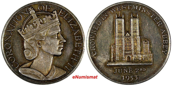 GREAT BRITAIN Silver 1953 ELIZABETH II 25th Anniversary WESTMINSTER ABBEY 28mm