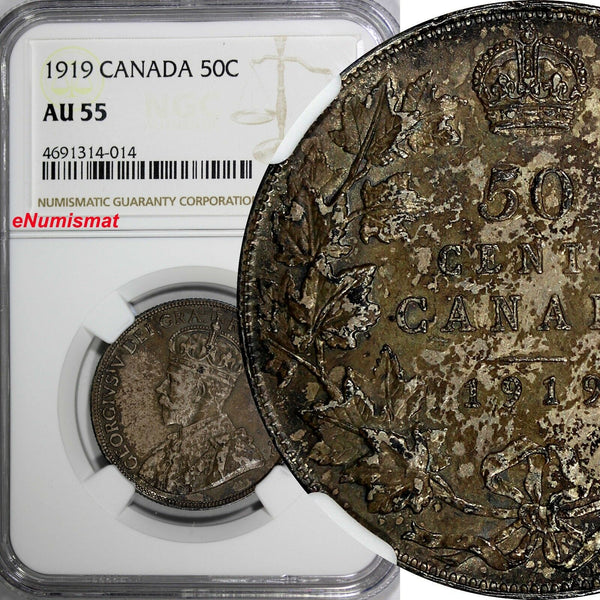 Canada George V Silver 1919 (no mint mark) 50 Cents NGC AU55 Toned SCARCE KM# 25