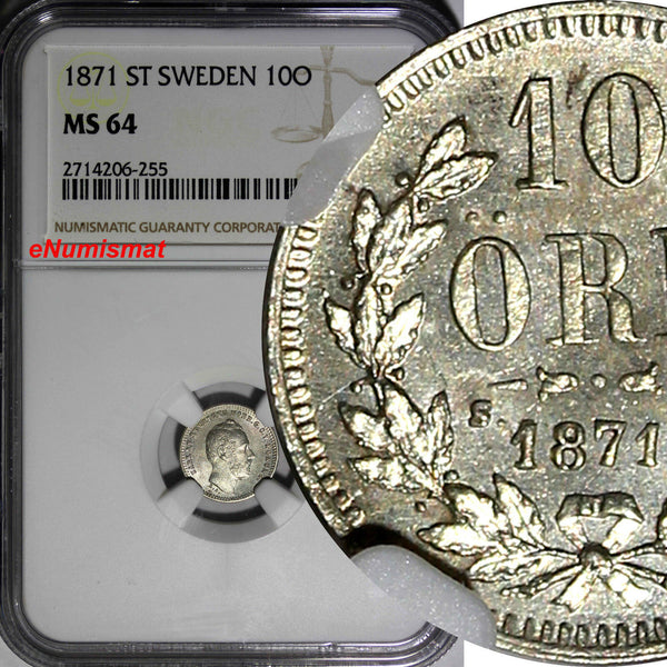 Sweden Carl XV Adolf Silver 1871 S.T. 10 Ore NGC MS64 Nice Toned KM# 710
