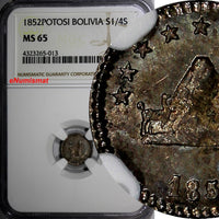 Bolivia Silver 1852 1/4 Sol POTOSI Llama NGC MS65 NICE TONED 1 YEAR TYPE KM# 111