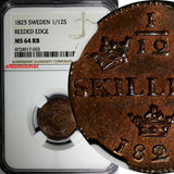 SWEDEN Carl XIV Johan Copper 1825 1/12 Skilling  NGC MS64 RB KM# 616