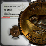 Great Britain George VI Bronze 1951 1 Farthing NGC MS64 RB KM# 867