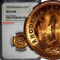 RHODESIA Bronze 1970 1 Cent NGC MS64 RB NICE RED TONING KM# 10