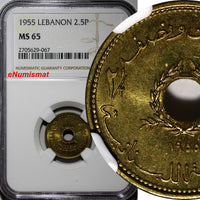 Lebanon Aluminium-Bronze 1955 2 1/2 Piastres NGC MS65 Monnaie de Paris KM# 20