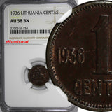 Lithuania Bronze 1936 1 Centas NGC AU58 BN 1 YEAR TYPE KM# 79