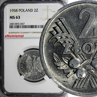 Poland Aluminum 1958 MW 2 Zlote NGC MS63 FIRST YEAR FOR TYPE Y# 46