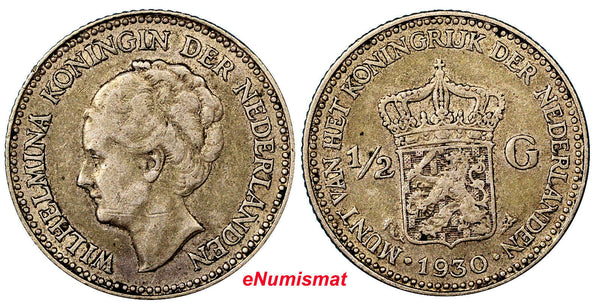 Netherlands Wilhelmina I 1930 1/2 Gulden  KM# 160 Silver