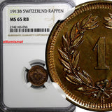 Switzerland Bronze 1913 B 1 Rappen NGC MS65 RB NICE RED HELVETIA KM# 3.2 (056)