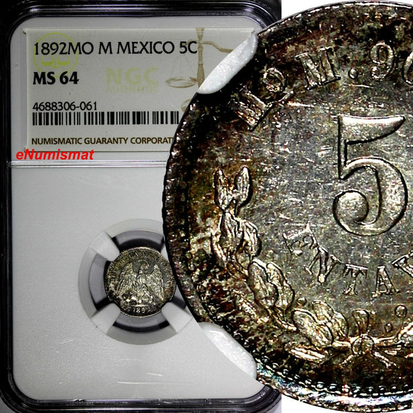 Mexico SECOND REPUB.Silver 1892 MO M 5 Centavos NGC MS64 NICE TONED KM# 398.7