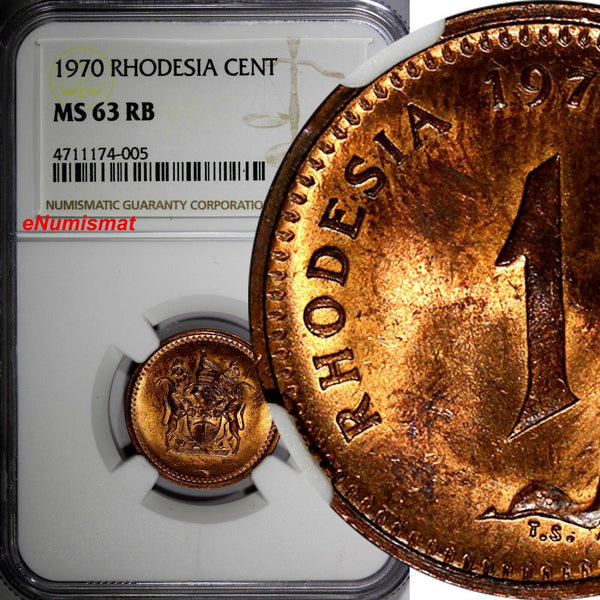 Rhodesia Bronze 1970 1 Cent NGC MS63 RB NICE RED TONING KM# 10