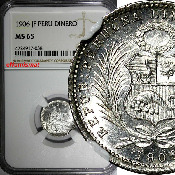 Peru Silver 1906 JF 1 Dinero NGC MS65 Mintage-826,000 Liberty  KM# 204.2 (038)