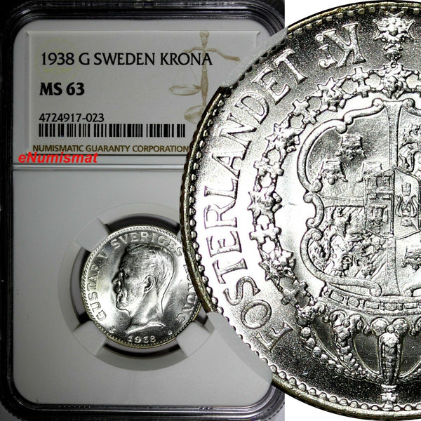SWEDEN Gustaf V Silver 1938 G 1 KRONA NGC MS63 GEM BU KM#786.2