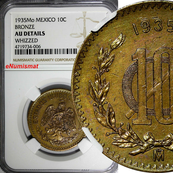Mexico Bronze 1935 10 Centavos NGC AU DETAILS TONING 30.5mm KM# 430