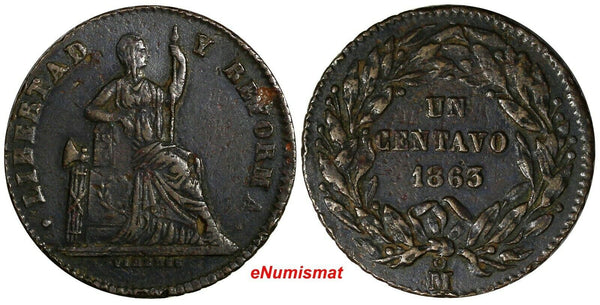 Mexico Copper 1863 MO 1 Centavo Flat Top "3" 1 YEAR TYPE SCARCE KM# 390