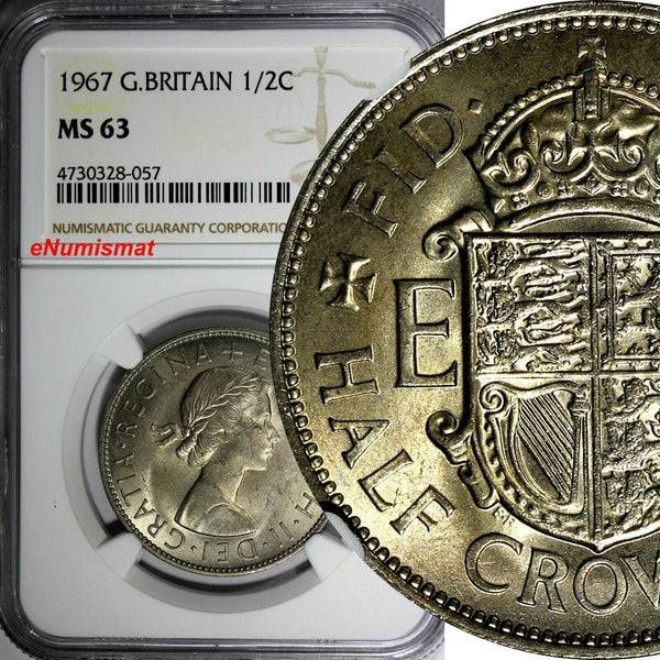 Great Britain Elizabeth II Copper-Nickel 1967 1/2 Crown NGC MS63 KM# 907 (057)