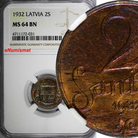 LATVIA Bronze 1932 2 Santimi NGC MS64 BN TONED  KM# 2