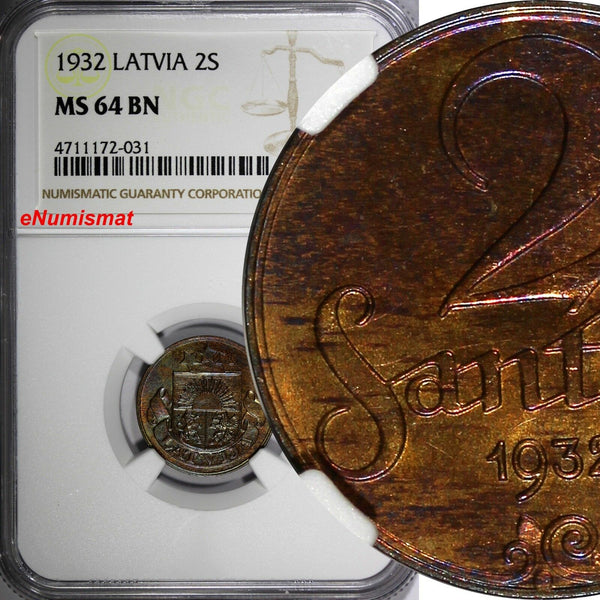 LATVIA Bronze 1932 2 Santimi NGC MS64 BN TONED  KM# 2