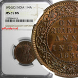 India-British George V Bronze 1936 (C) 1/4 Anna NGC MS65 BN LAST DATE KM#512/013