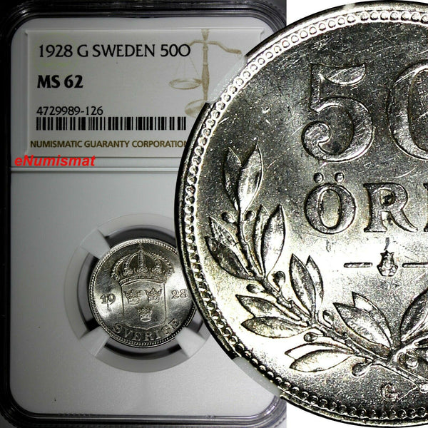 SWEDEN Gustaf V Silver 1928 G 50 Ore NGC MS62 KM# 788