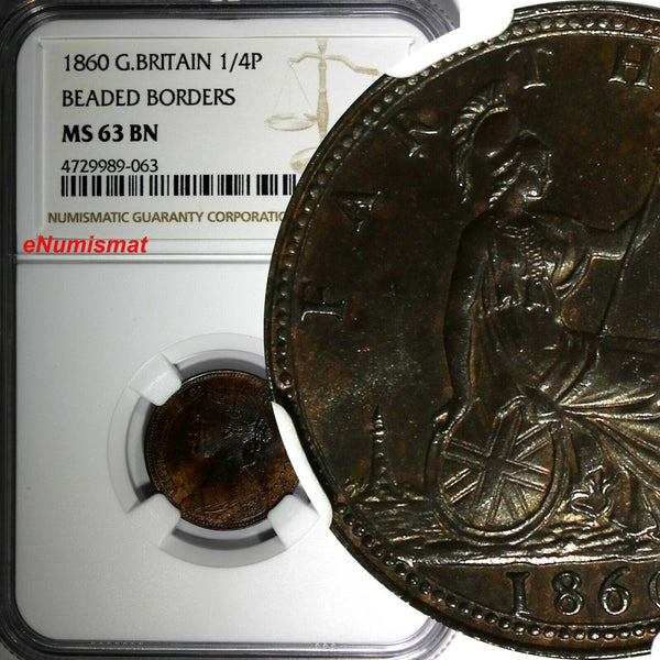 Great Britain Victoria 1860 Farthing BEADED BORDER NGC MS63 BN  KM# 747.2