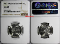 SUDAN AH1409//1989 50 Ghirsh Central bank NGC MS63 TOP GRADED BY NGC KM# 109