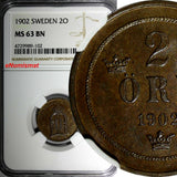 Sweden Oscar II Bronze 1902 2 Ore NGC MS63 BN KM# 746