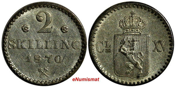 NORWAY Carl XV Silver 1870 2 Skilling with rosettes aUNC KM# 336.1