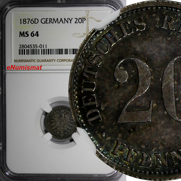 Germany - Empire Wilhelm I Silver 1876 D 20 Pfennig NGC MS64  TONING KM#5 (011)