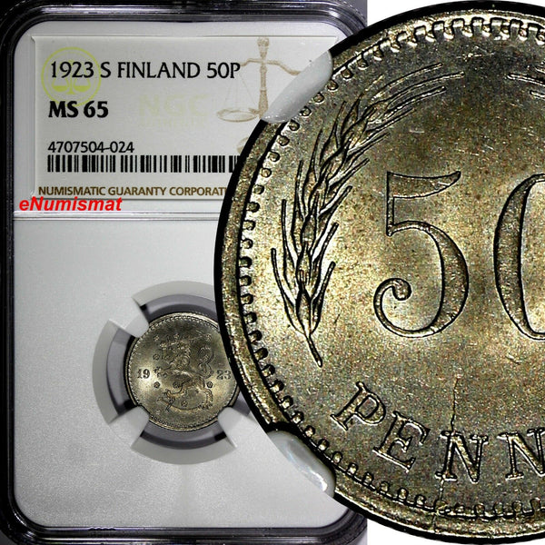Finland Copper-Nickel 1923 S 50 Penniä NGC MS65 TOP GRADED BY NGC KM# 26