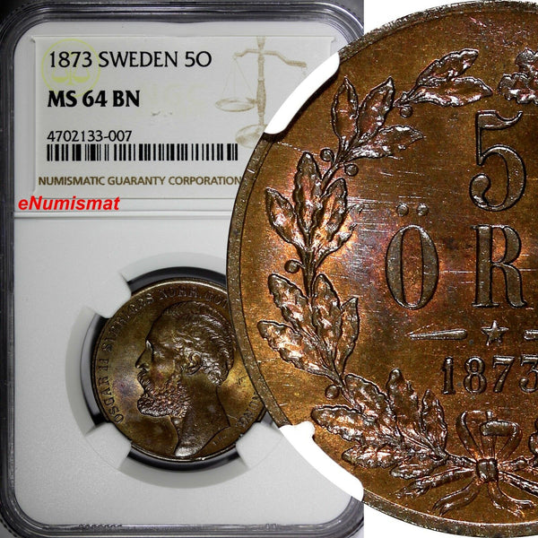 SWEDEN Bronze Oscar II 1873 5 Ore NGC MS64 BN NICE TONED KM# 730 RARE