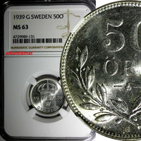SWEDEN Gustaf V Silver 1939 G 50 Ore NGC MS63 1 GRADED HIGHEST BY NGC KM# 788
