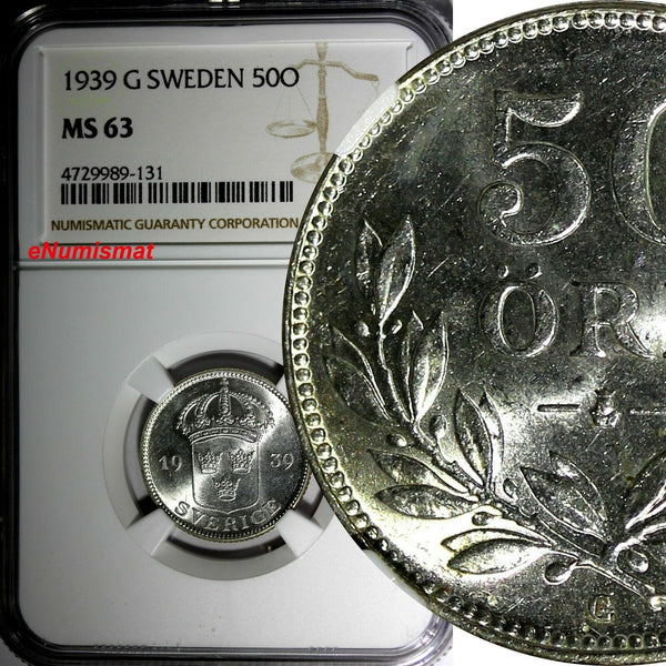 SWEDEN Gustaf V Silver 1939 G 50 Ore NGC MS63 1 GRADED HIGHEST BY NGC KM# 788(1)