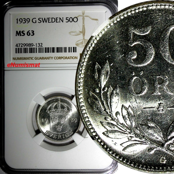 SWEDEN Gustaf V Silver 1939 G 50 Ore NGC MS63 1 GRADED HIGHEST BY NGC KM# 788(2)