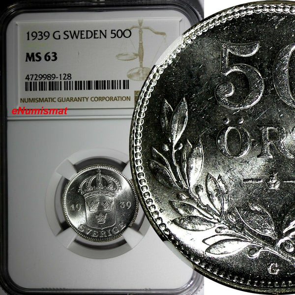 SWEDEN Gustaf V Silver 1939 G 50 Ore NGC MS63 1 GRADED HIGHEST BY NGC KM# 788