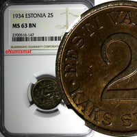 ESTONIA Bronze 1934 2 Senti NGC MS63 BN 1 YEAR TYPE NICE TONED KM# 15