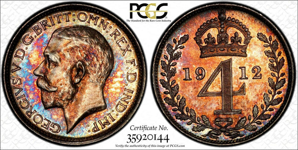 Great Britain George V Silver 1912 4 Pence PCGS PL64 PROOFLIKE TONING KM#814