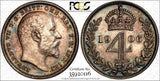Great Britain Edward VII Silver 1906 4 Pence PCGS PL62 PROOFLIKE TONED KM#798