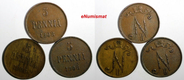 FINLAND Nicholas II Copper LOT OF 3 COINS 1908  5 Penniä KM# 15