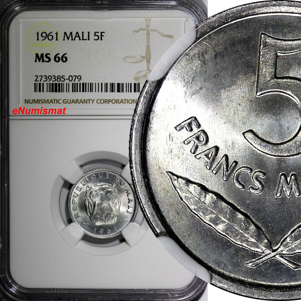 MALI Aluminium 1961 5 Francs Maliens NGC MS66 Hippopotamus TOP GRADED KM# 2